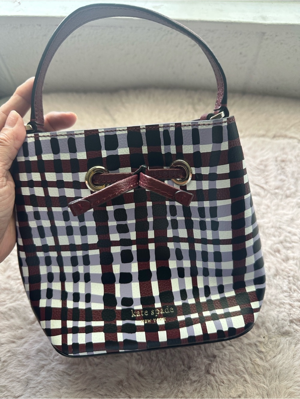kate spade Mini Bucket Bag in Burgundy, Black & White Plaid - Picture 2 of 12